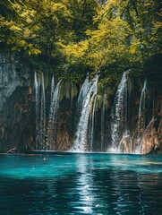 Majestic waterfalls in a lush turquoise lake - Serene view of waterfalls amidst vibrant foliage cascading into a tranquil, turquoise-blue lake surrounded by trees