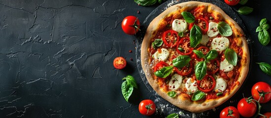 Homemade pizza featuring tomatoes, mozzarella, and basil on a dark stone table, captured from above with space for text.