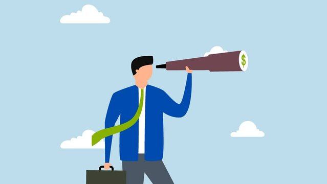 Looking for investment opportunity, 4k animation of investor looks through binoculars to see dollar sign