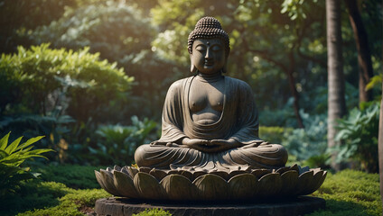 A stone statue of Buddha sits on a stone platform in a lush green garden