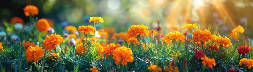 A bed of vibrant marigolds and other flowers glowing in sunlight