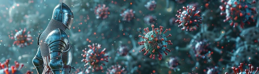 A conceptual image of a medieval knight in battle stance against an army of virus particles