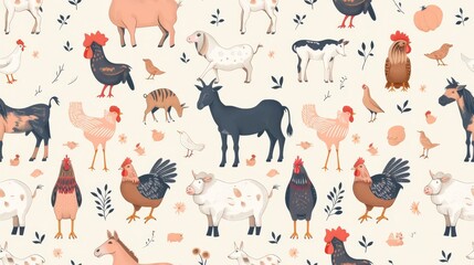A seamless pattern with farm animals. roosters, goats, pigs and chicken.