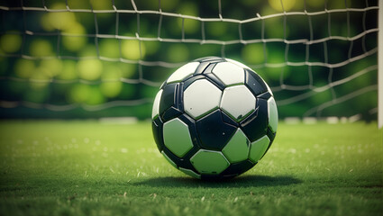 A green and white soccer ball is sitting on green turf next to a goal with a net.

