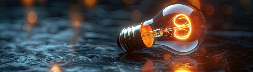 A glowing light bulb on a dark reflective surface