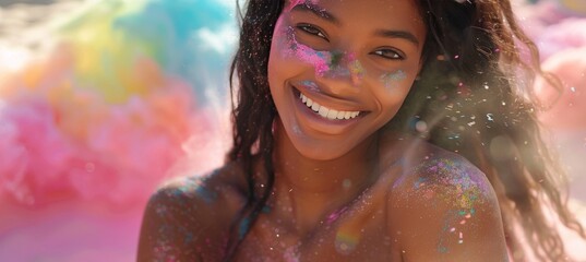 Vibrant celebration  woman s radiant smile in a colorful world, a captivating moment of joy