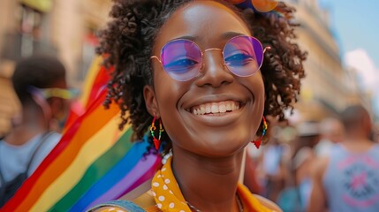 Happy Afro American woman with rainbow flag and glasses at LGBTQ+ gay pride.