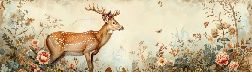 A Victorian botanical deer illustration, blending nature and elegance