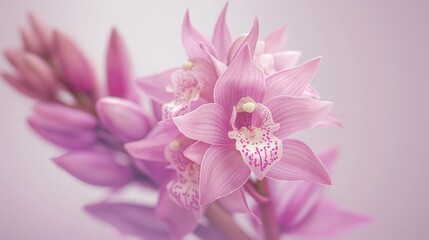 A close-up of a delicate, blooming orchid, its petals vibrant against a muted, lilac presentation background.