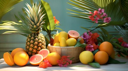 Fruit basket with tropical fruits and flowers on the table, closeup