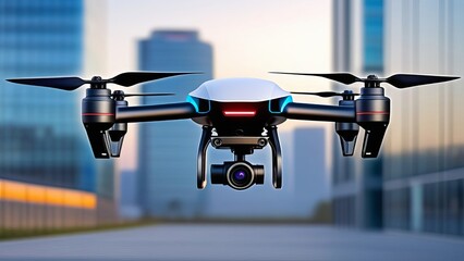 Close-up of a black drone in observation positions in flight over a modern city