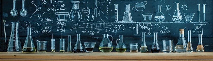 Assorted laboratory glassware arranged on a wooden surface against a chalkboard backdrop featuring scientific doodles, representing education, science, and research
