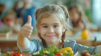 A little happy  girl is sitting at a table in kindergarten and eating vegetables, giving a thumbs up