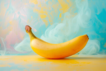 A yellow banana is lying on the table with colorful smoke