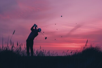 Man hitting golf ball at dusk