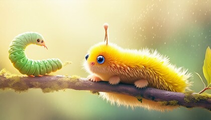 Fantasie-Raupe und flauschige Kreatur treffen sich auf einem Ast
