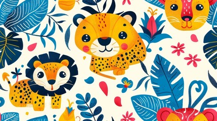 Cute cartoon lion and tiger seamless pattern. Colorful vector illustration with wild animals and tropical leaves. Perfect for kids room decor, fabric, wrapping paper, and more.