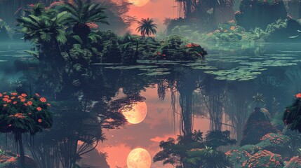 The image is a beautiful landscape of a jungle with a river running through it
