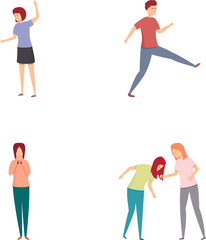 Teenage aggression icons set cartoon vector. Children conflict and violence. Discrimination and intimidation