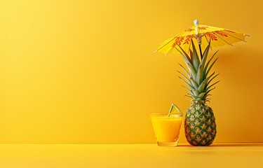 A pineapple with an umbrella on top, set against a pastel background for summer concept. Web banner with copy space