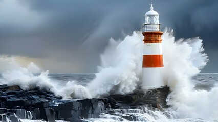 Resilient Lighthouse Stands Firm Amidst Stormy Seas and Crashing Waves. Concept Lighthouse, Resilience, Stormy Seas, Crashing Waves, Strong Foundation