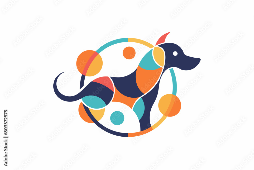 Poster an abstract dog logo composed of playful, interconnected circles and lines.