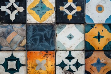 Mixed pattern tiled wall close up