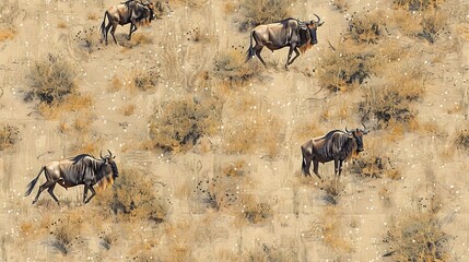 The image shows a group of wildebeests running across the savanna