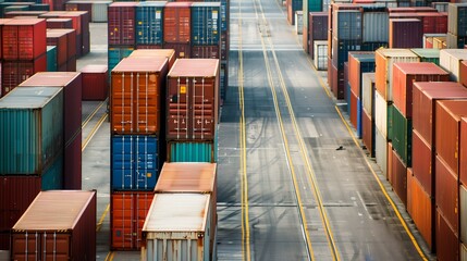 Fototapeta premium Lots of waiting containers at the port, logistics import and export. Trade around the world