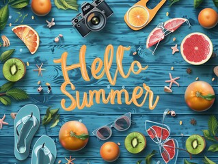 Summer background with text "Hello Summer" and elements like a beach ball, flip flops, sunglasses, camera, tropical leaves, watermelons on a blue wooden table in the style of flat lay style. 