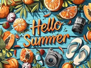 Summer background with text "Hello Summer" and elements like a beach ball, flip flops, sunglasses, camera, tropical leaves, watermelons on a blue wooden table in the style of flat lay style. 