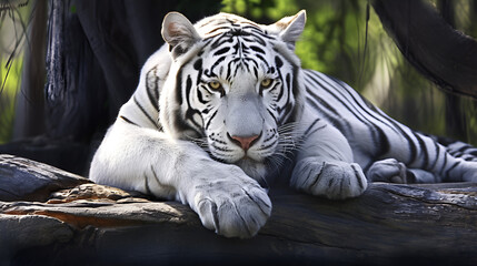 Close portrait of a white tiger on Sitting Tree Generative Ai 