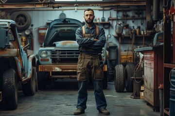 Auto repair shop with a confident mechanic posing