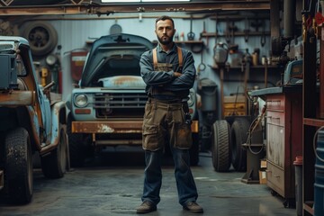 Fototapeta premium Auto repair shop with a confident mechanic posing