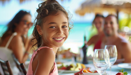 Close-up of family on holiday or vacation eating near a beach a la carte with the blue sea in the...