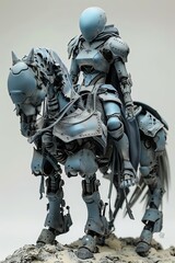 A futuristic knight in minimalist blue armor, riding a sleek, mechanical steed into battle