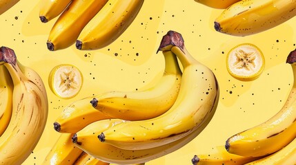 This seamless pattern features a bunch of ripe, yellow bananas against a pale yellow background. The bananas are arranged in a diagonal pattern and have brown spots.