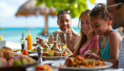 Close-up of family on holiday or vacation eating near a beach a la carte with the blue sea in the background