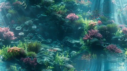 Underwater world with many beautiful corals and fishes