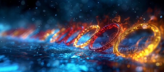 Banner with red and yellow glowing neon rings in a row on the water. Competition background