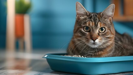 Cat with Feline Lower Urinary Tract Disease (FLUTD) may avoid litter box due to urinary tract issues. Concept Feline Lower Urinary Tract Disease, FLUTD symptoms, Behavior changes