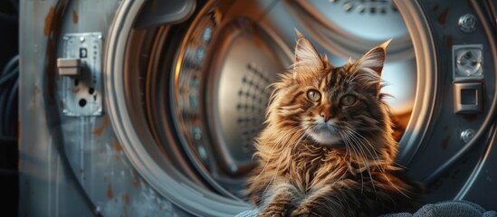 Majestic Maine Coon Commands Attention on Washing Machine Mimicking Renaissance Portraiture