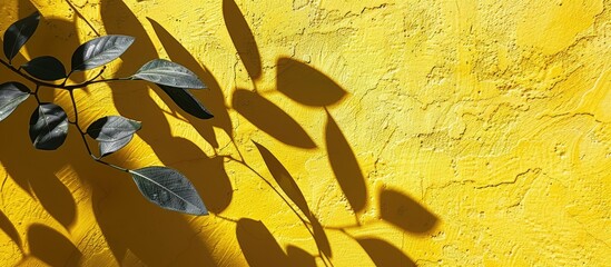 Leaves' shadow on a yellow concrete wall of uneven texture, creating an abstract and stylish natural background with vibrant colors. Ideal for text overlay or poster mockup.