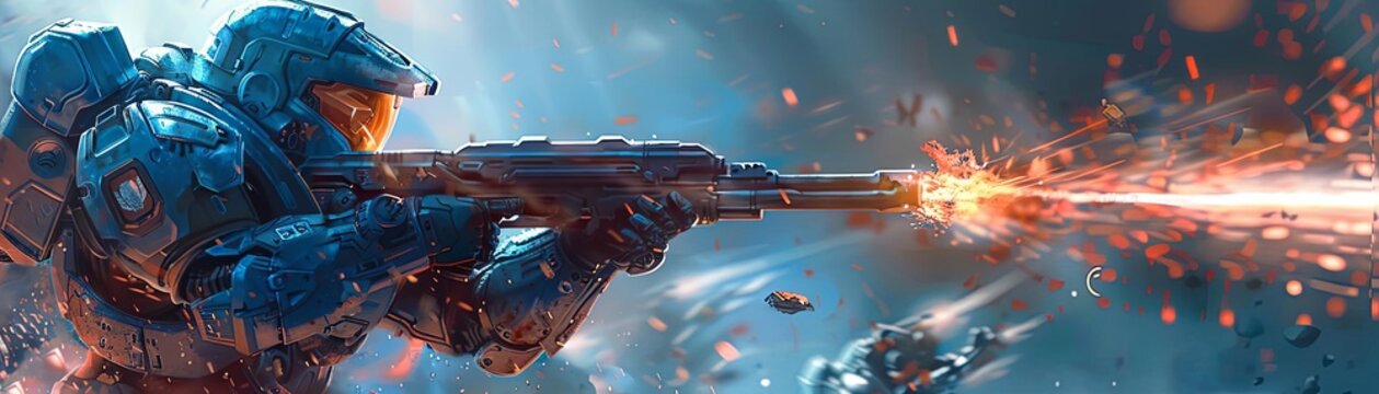 An action shot of a futuristic warrior in blue armor, wielding a onehanded laser gun, battling a robot