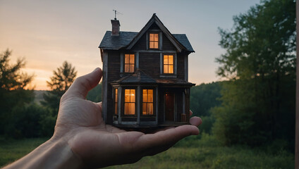 A hand is holding a small, wooden house in the palm of their hand.