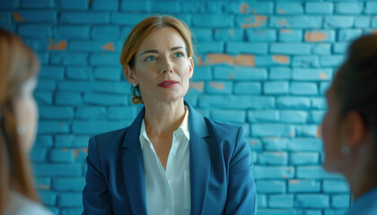 Engaged confident business project female leader set against a blue wall
