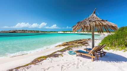 Chair and Umbrella on Beach by Ocean