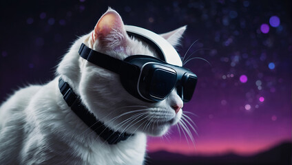 A white cat wearing virtual reality goggles is sitting in front of a starry background.

