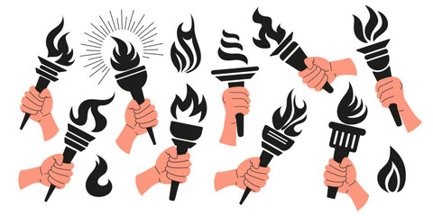 Torch, Flame, Hand. Torch in hand set. Vector isolated burning torches flames in hands. Symbols of relay race, competition victory, champion.	