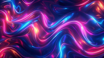 Design a seamless pattern of abstract neon light streaks and beams on a dark blue background for use in digital projects.